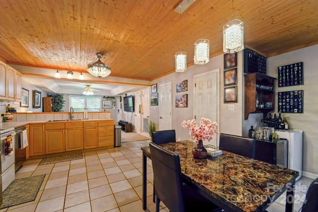 kitchen with ceiling fan, sink, wooden ceiling, and light tile patterned floors