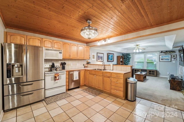 kitchen featuring backsplash, sink, wood ceiling, light carpet, and stainless steel appliances