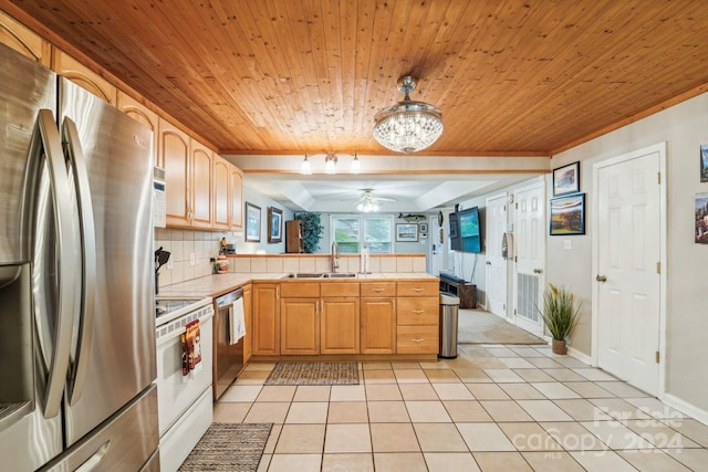 kitchen with appliances with stainless steel finishes, backsplash, sink, light tile patterned floors, and kitchen peninsula