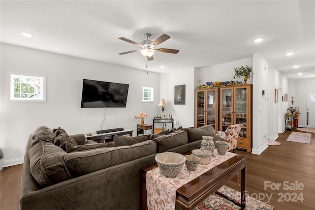 living room with ceiling fan and dark hardwood / wood-style floors