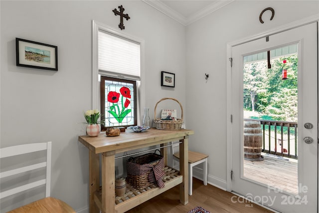 interior space featuring hardwood / wood-style floors and crown molding