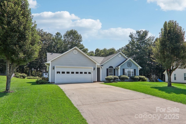 ranch-style house with a garage and a front yard