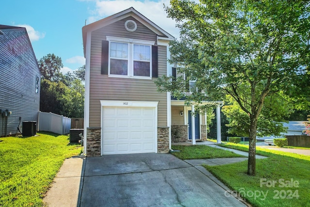 traditional home with stone siding, a front lawn, cooling unit, and fence