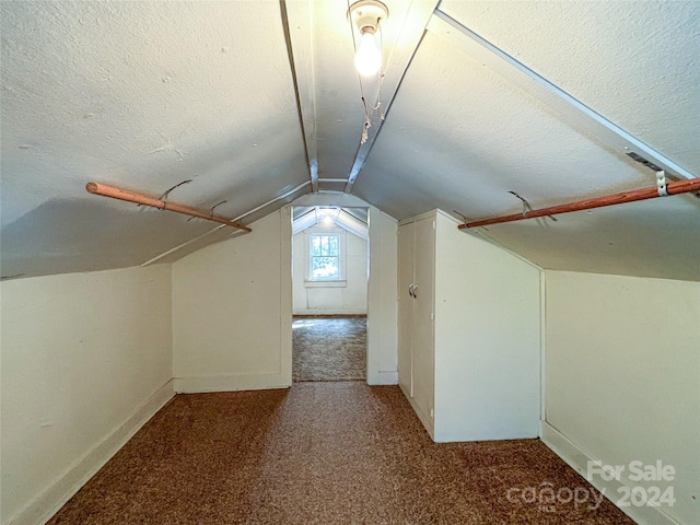 additional living space featuring a textured ceiling, lofted ceiling, and carpet flooring