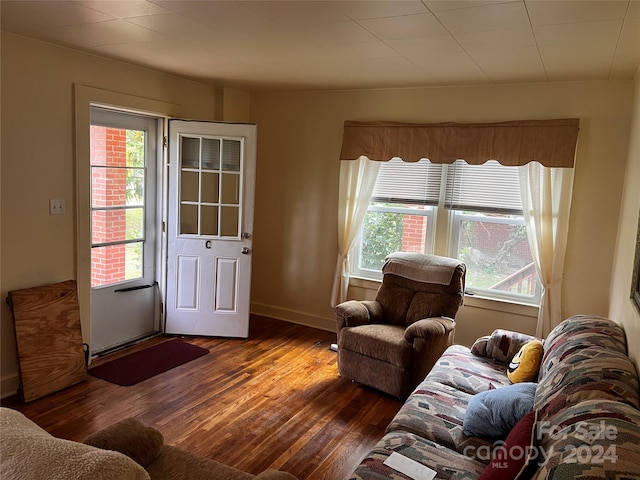 living area with dark wood-style flooring and baseboards