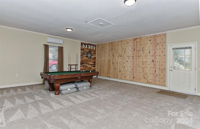 rec room with ornamental molding, light colored carpet, pool table, and a textured ceiling