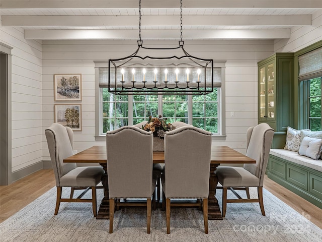 dining room featuring wooden walls, beam ceiling, and light wood-type flooring