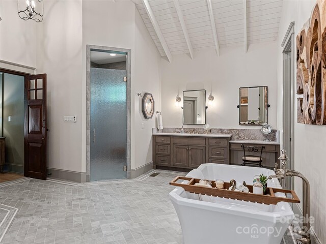 bathroom with high vaulted ceiling, beamed ceiling, vanity, and shower with separate bathtub