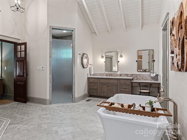 bathroom with beamed ceiling, vanity, shower with separate bathtub, and high vaulted ceiling