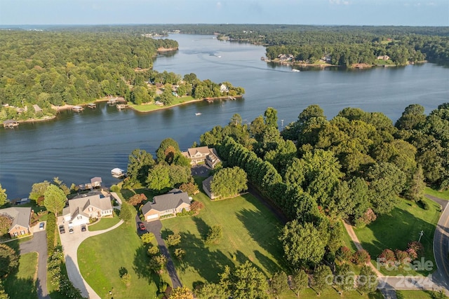 birds eye view of property with a forest view and a water view