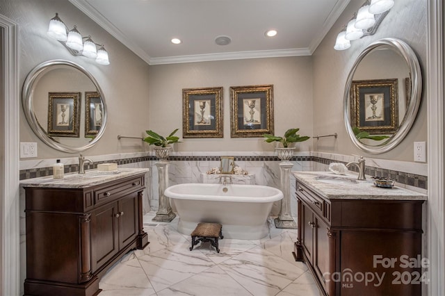 full bath with ornamental molding, two vanities, and a sink