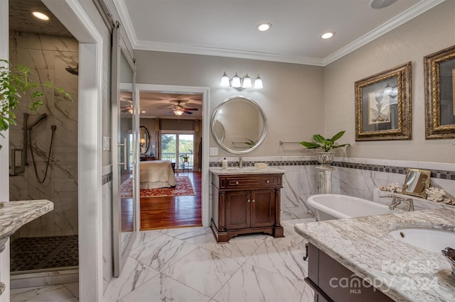 bathroom featuring vanity, crown molding, marble finish floor, and a marble finish shower