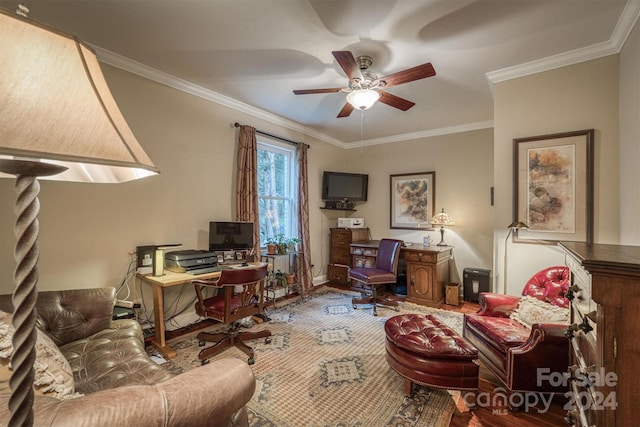 office area featuring hardwood / wood-style flooring, ceiling fan, and ornamental molding