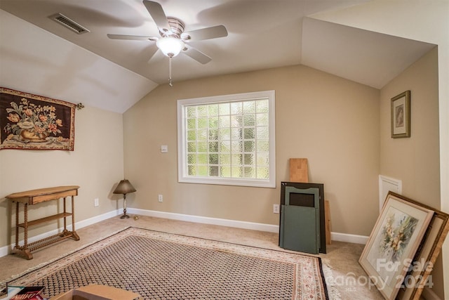 additional living space featuring ceiling fan, lofted ceiling, and carpet floors