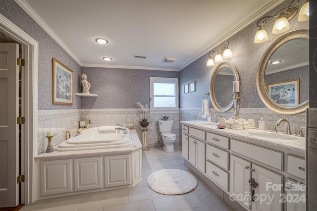 bathroom featuring tile patterned floors, vanity, toilet, and crown molding