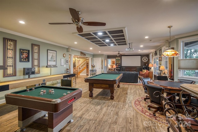 rec room featuring billiards, crown molding, recessed lighting, and wood finished floors