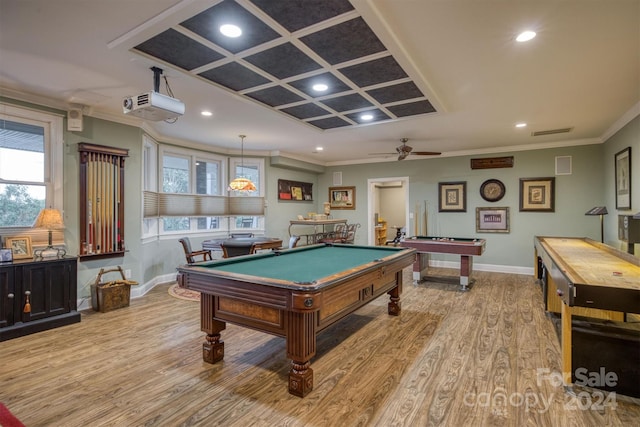 recreation room featuring coffered ceiling, crown molding, ceiling fan, pool table, and light hardwood / wood-style floors