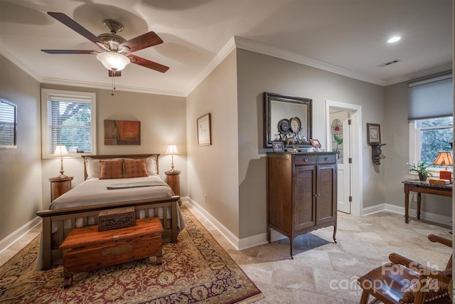 bedroom featuring visible vents, multiple windows, and ornamental molding