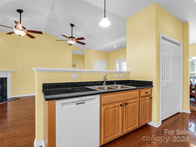 kitchen with dark wood finished floors, a fireplace, vaulted ceiling, a sink, and dishwasher