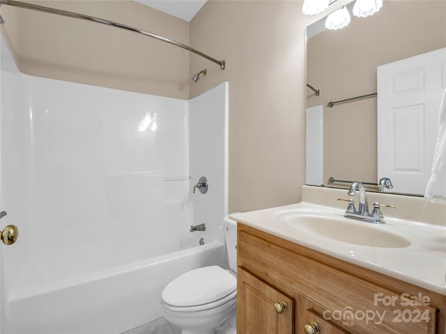 full bathroom with toilet, vanity, shower / tub combination, and tile patterned floors