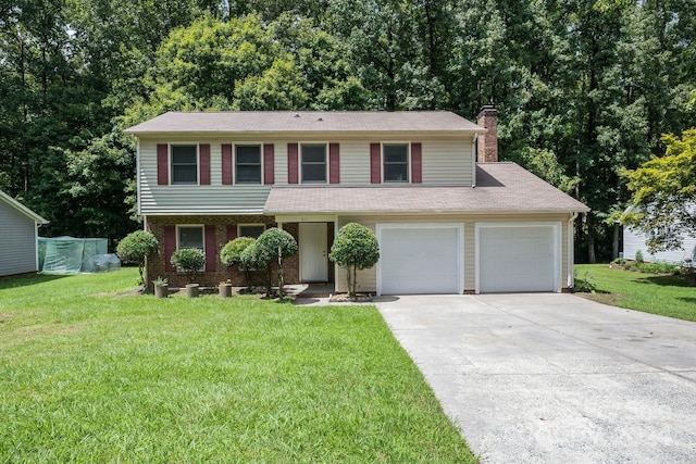 view of front of home with a garage, brick siding, concrete driveway, a chimney, and a front yard