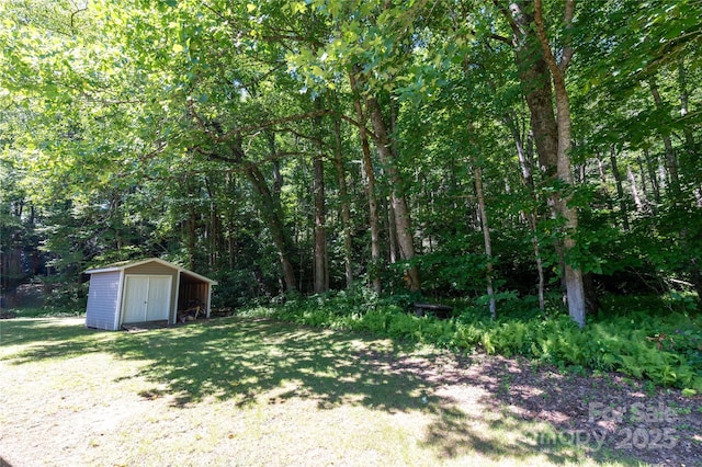 view of yard featuring a storage shed