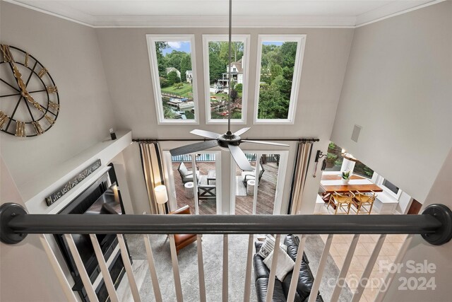 interior details with ornamental molding and ceiling fan