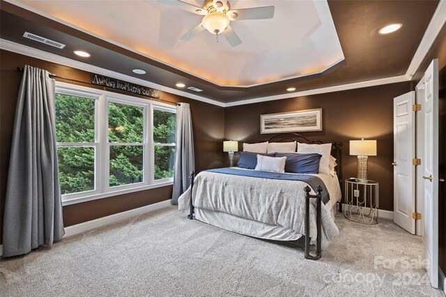 bedroom featuring ornamental molding, carpet, a raised ceiling, and baseboards