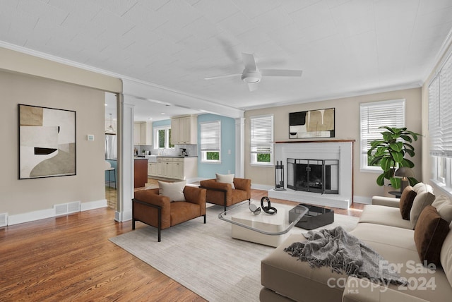 living room featuring light wood-type flooring, ceiling fan, and ornamental molding