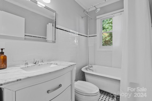 full bathroom featuring vanity, tile walls, toilet, ornamental molding, and shower / bathtub combination with curtain