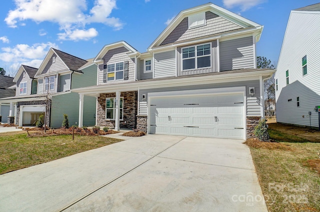 craftsman inspired home with an attached garage, stone siding, concrete driveway, and a front yard