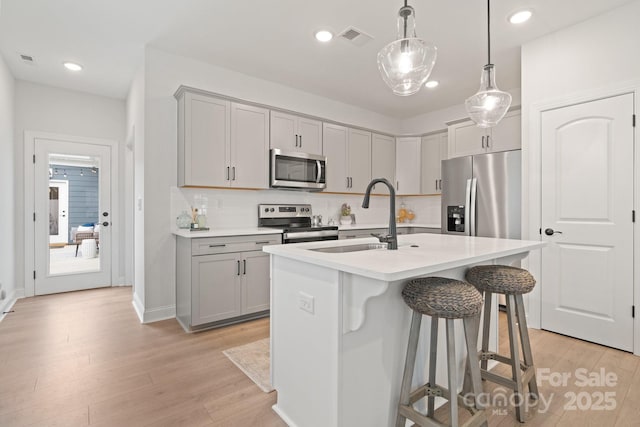 kitchen with appliances with stainless steel finishes, pendant lighting, sink, gray cabinetry, and a kitchen island with sink