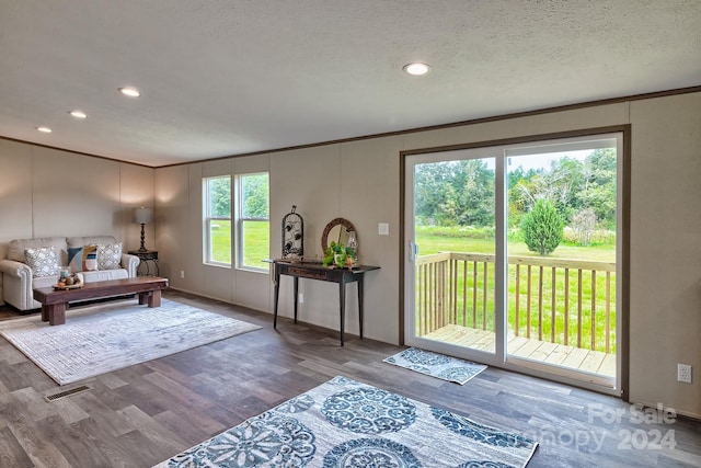 living room featuring wood-type flooring, a textured ceiling, plenty of natural light, and crown molding