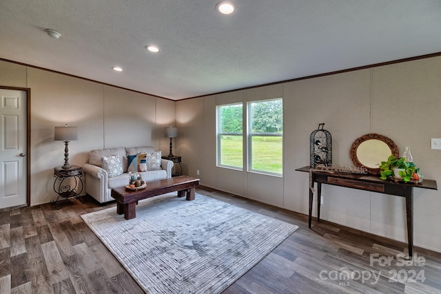 living room with wood-type flooring and a textured ceiling