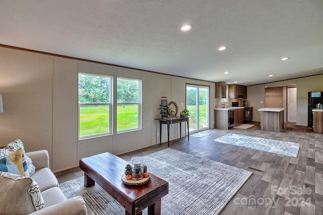 unfurnished living room with light wood-type flooring, lofted ceiling, and a textured ceiling