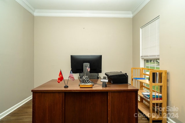 home office featuring ornamental molding and dark wood-type flooring