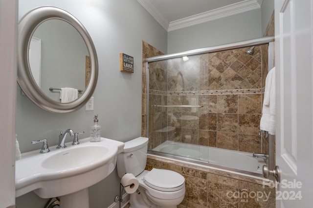 full bathroom with sink, toilet, shower / bath combination with glass door, and ornamental molding