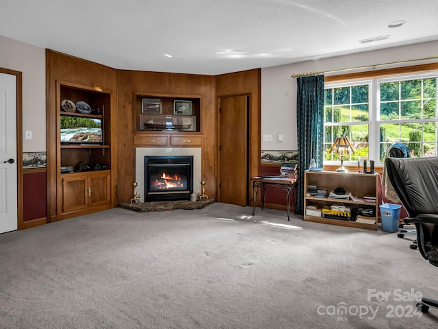 living room featuring carpet floors and wooden walls