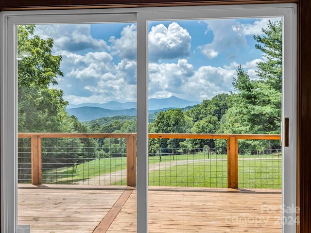 entryway with a healthy amount of sunlight, a mountain view, and hardwood / wood-style floors