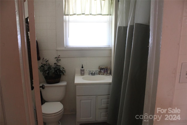 bathroom with tile walls, vanity, and toilet