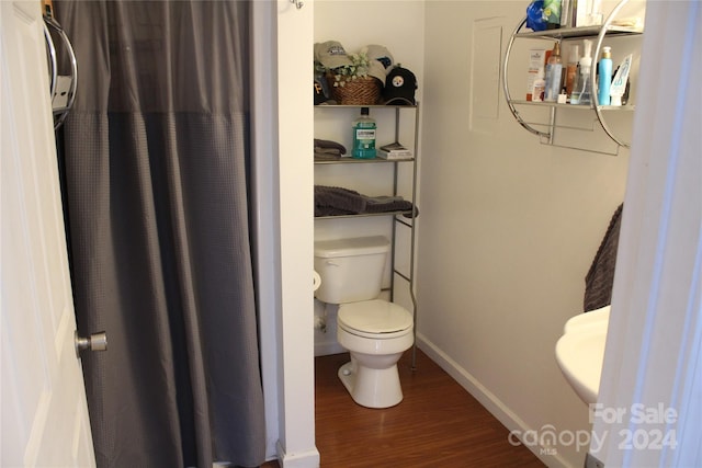 bathroom with hardwood / wood-style flooring and toilet