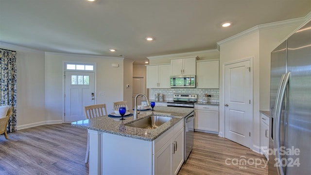 kitchen with white cabinetry, a kitchen island with sink, stainless steel appliances, light stone countertops, and sink