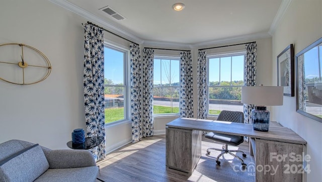 home office with hardwood / wood-style flooring and ornamental molding