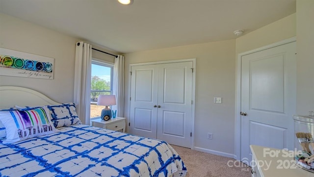 bedroom with a closet and light colored carpet