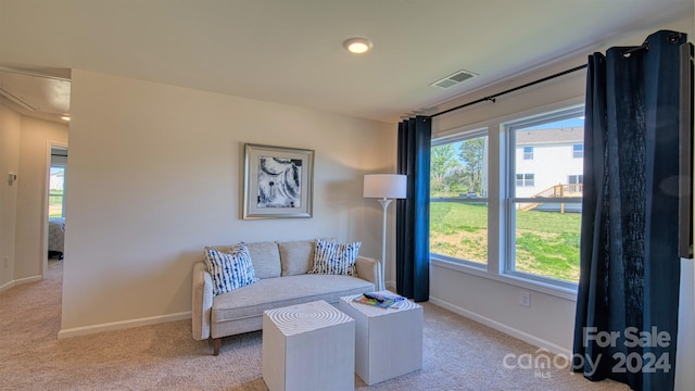 living room featuring plenty of natural light and light colored carpet