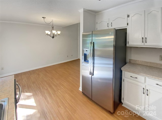 kitchen with light hardwood / wood-style floors, white cabinetry, an inviting chandelier, pendant lighting, and stainless steel fridge with ice dispenser