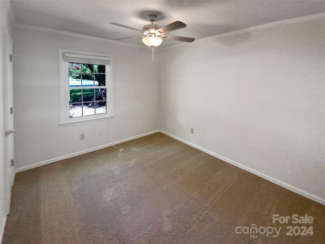 carpeted empty room featuring ceiling fan, ornamental molding, and a textured ceiling