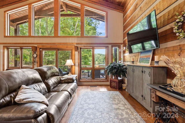 living room featuring wood walls, vaulted ceiling, and plenty of natural light