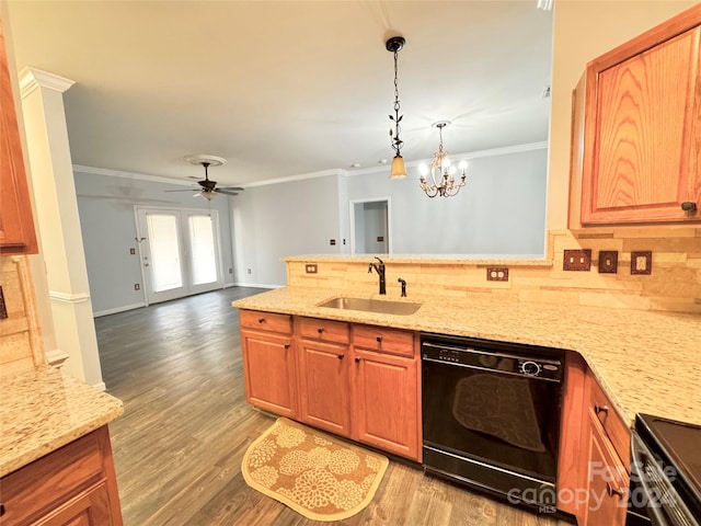 kitchen with black dishwasher, decorative backsplash, stainless steel electric range oven, crown molding, and a sink