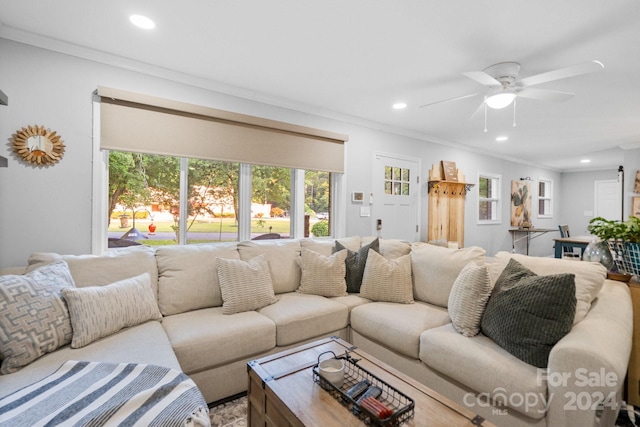 living room featuring crown molding and ceiling fan